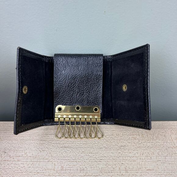 Vintage Meeker Top Grain Leather Key Caddy Holder Black Trifold 16 Hook Carrier - Picture 1 of 12